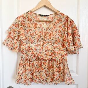 Zara Floral Blouse with Ruffle Sleeves in Orange and Cream